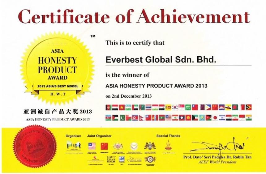 Certificate of Asia Honesty Product Award in December 2013